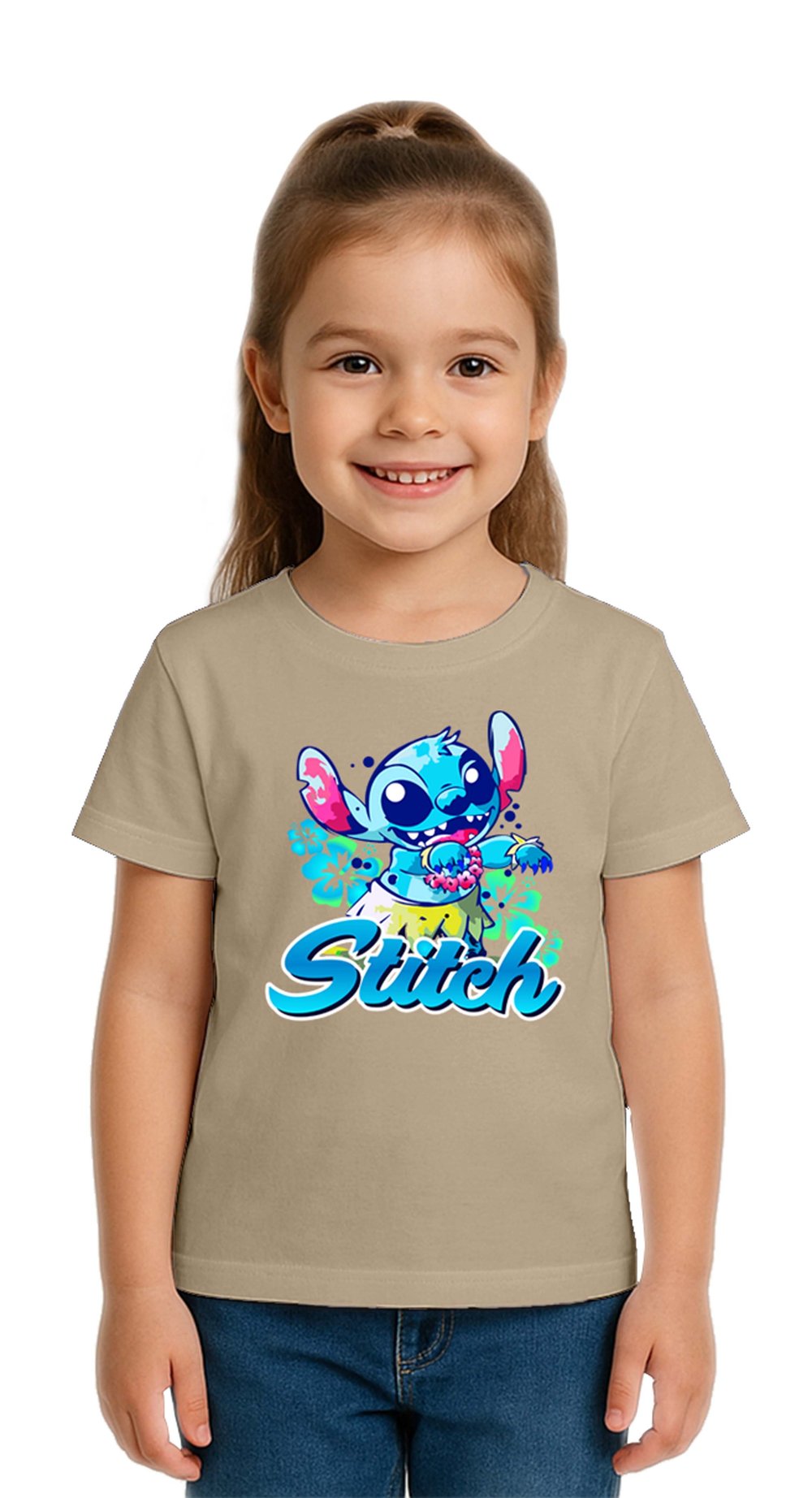 Unisex Stich Baskılı Çocuk Tişört pamuklu penye kumaş