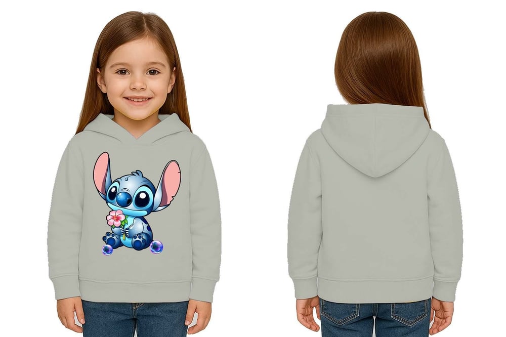 Unisex Stitch Baskılı Çocuk Swaetshirt Baskılı Kapüşonlu 3 İplik Şardonlu