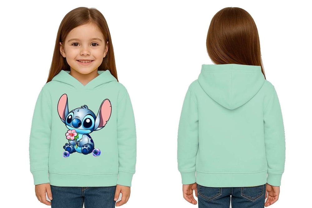 Unisex Stitch Baskılı Çocuk Swaetshirt Baskılı Kapüşonlu 3 İplik Şardonlu