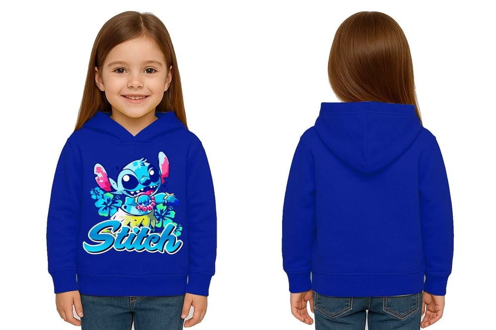 Unisex Stitch Baskılı Çocuk Swaetshirt  Baskılı Kapüşonlu 3 İplik Şardonlu