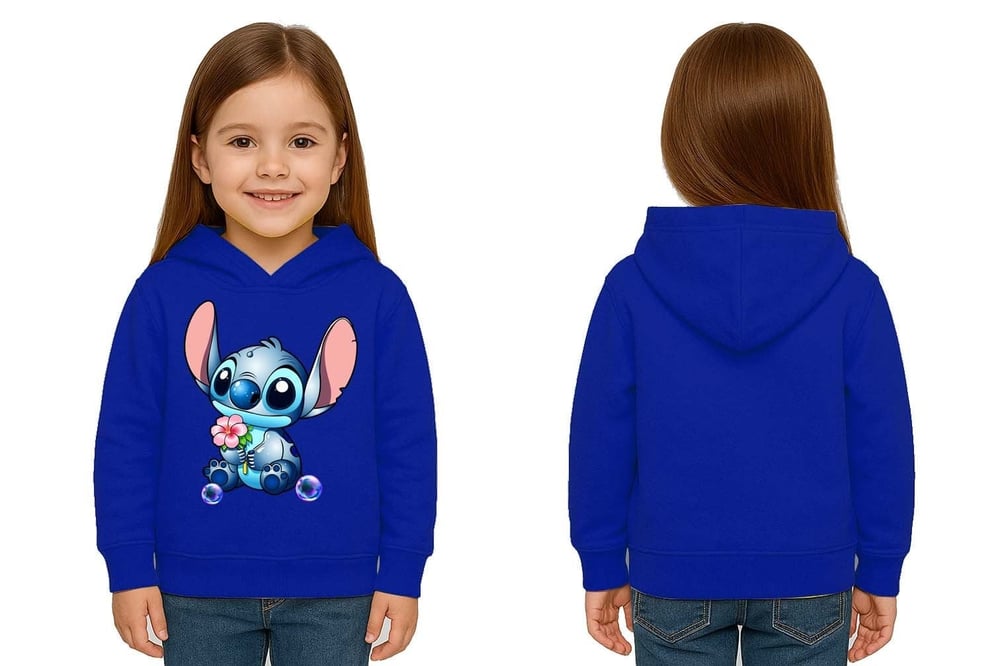 Unisex Stitch Baskılı Çocuk Swaetshirt Baskılı Kapüşonlu 3 İplik Şardonlu