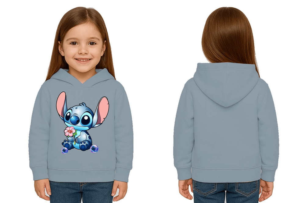 Unisex Stitch Baskılı Çocuk Swaetshirt Baskılı Kapüşonlu 3 İplik Şardonlu