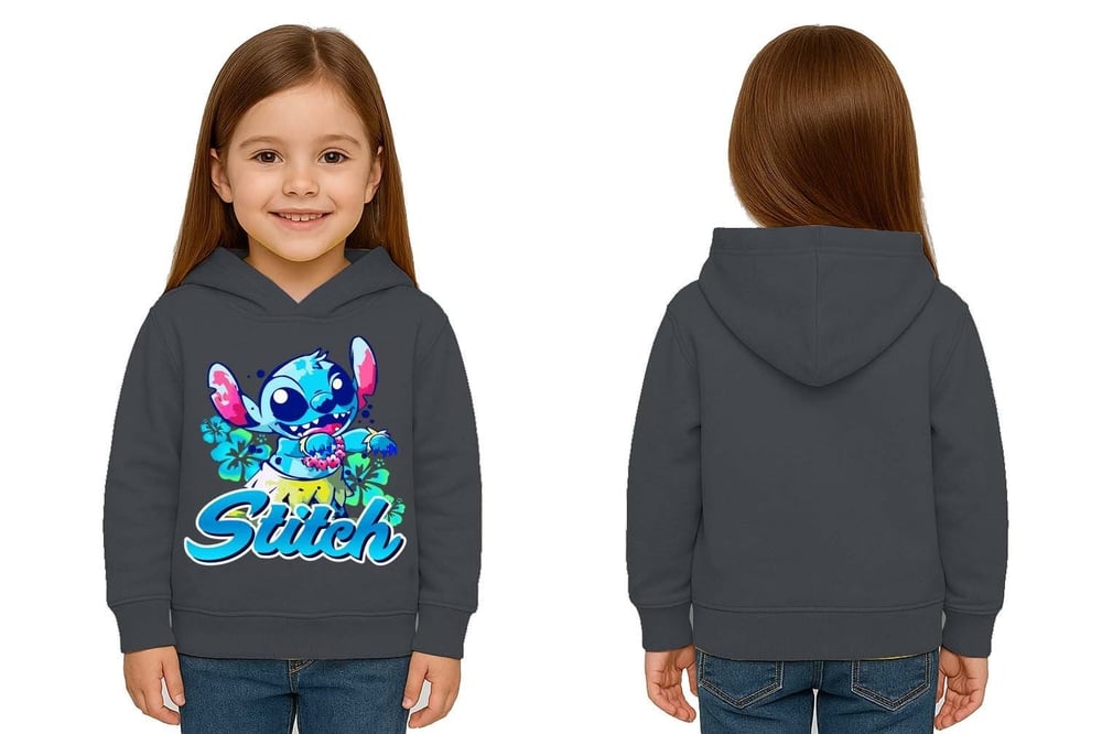 Unisex Stitch Baskılı Çocuk Swaetshirt  Baskılı Kapüşonlu 3 İplik Şardonlu