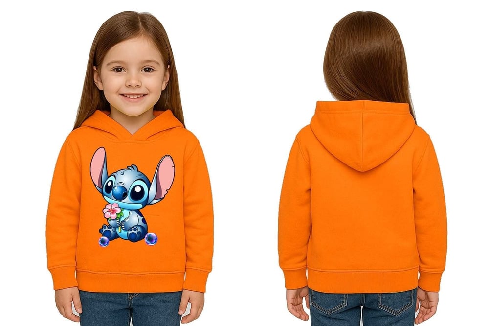 Unisex Stitch Baskılı Çocuk Swaetshirt Baskılı Kapüşonlu 3 İplik Şardonlu