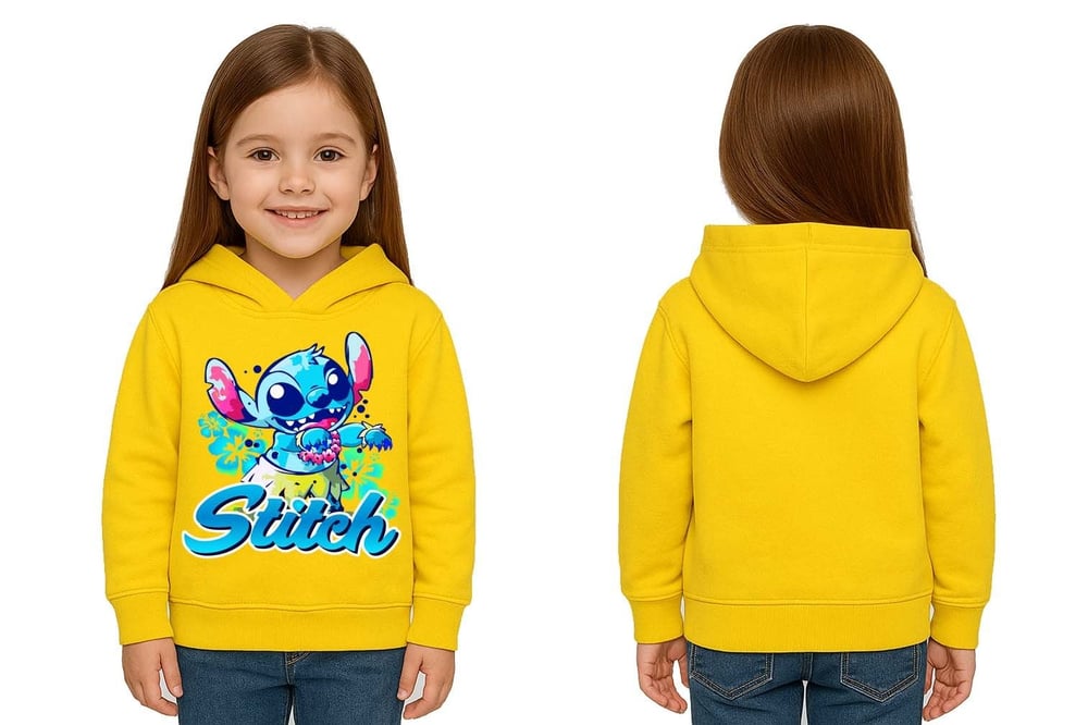 Unisex Stitch Baskılı Çocuk Swaetshirt  Baskılı Kapüşonlu 3 İplik Şardonlu