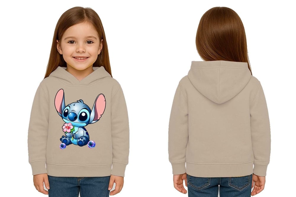 Unisex Stitch Baskılı Çocuk Swaetshirt Baskılı Kapüşonlu 3 İplik Şardonlu