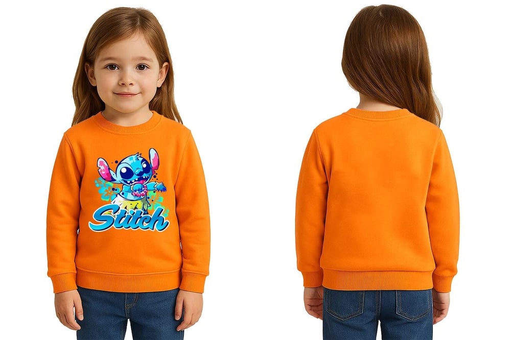 Unisex Stitch Baskılı Çocuk Swaetshirt 3 İplik Şardonlu