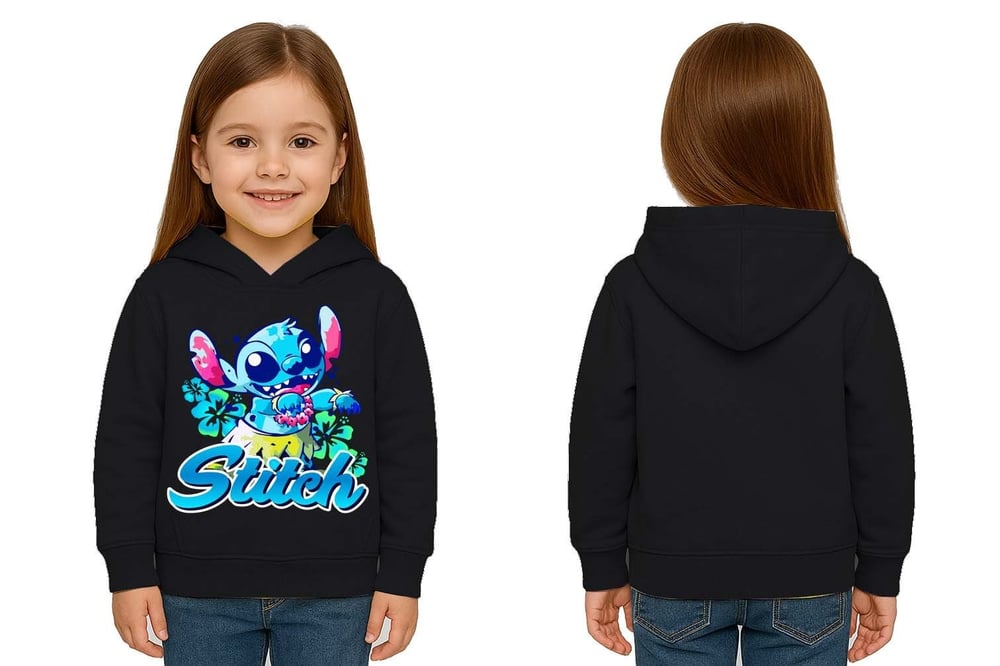 Unisex Stitch Baskılı Çocuk Swaetshirt  Baskılı Kapüşonlu 3 İplik Şardonlu