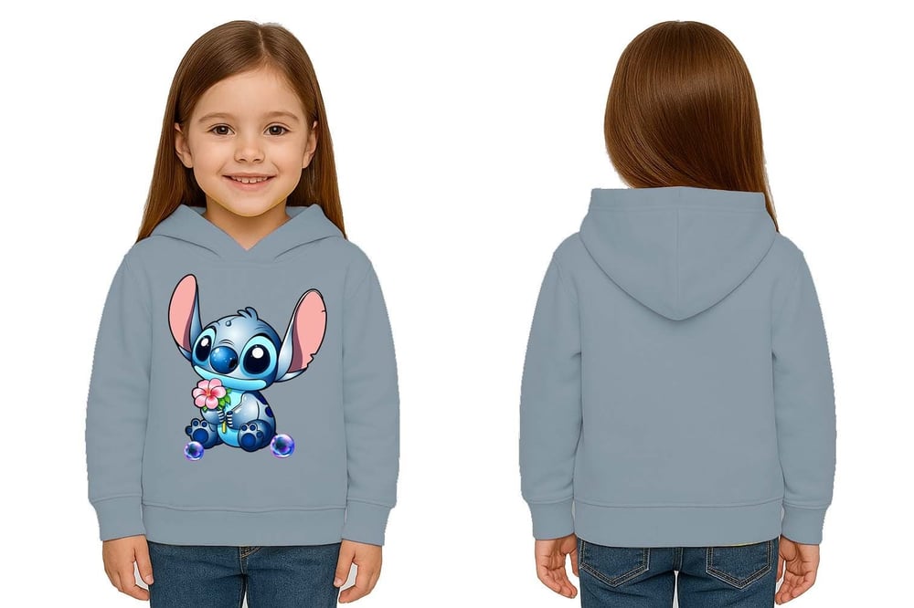 Unisex Stitch Baskılı Çocuk Swaetshirt Baskılı Kapüşonlu 3 İplik Şardonlu