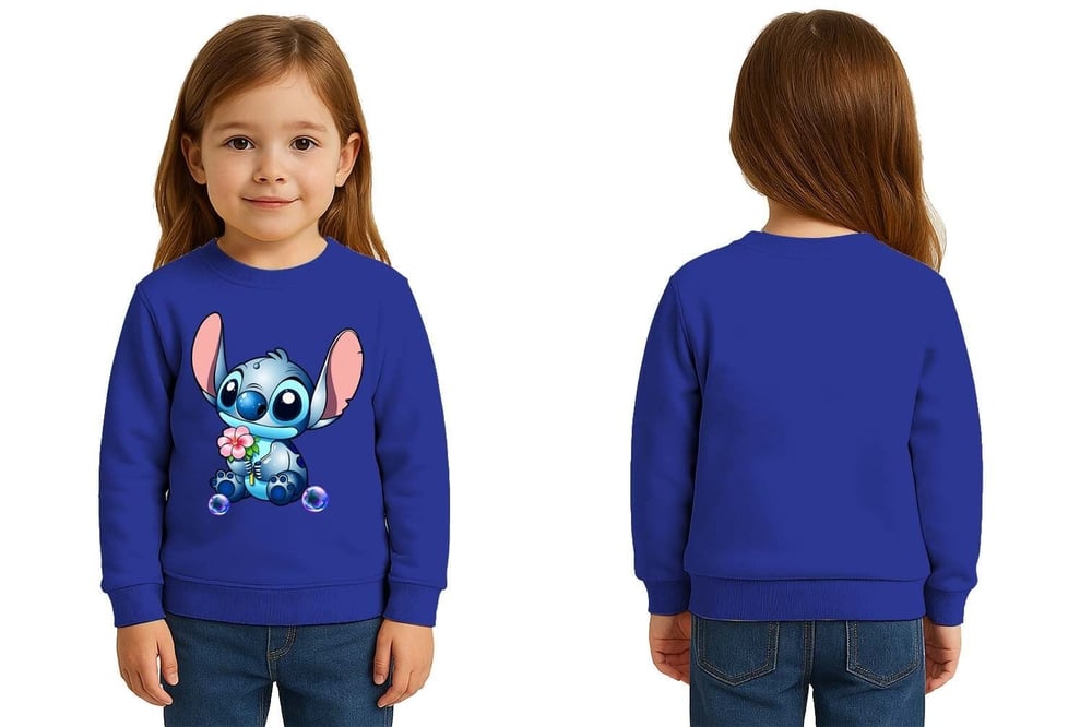 Unisex Stitch Baskılı Çocuk Swaetshirt 3 İplik Şardonlu