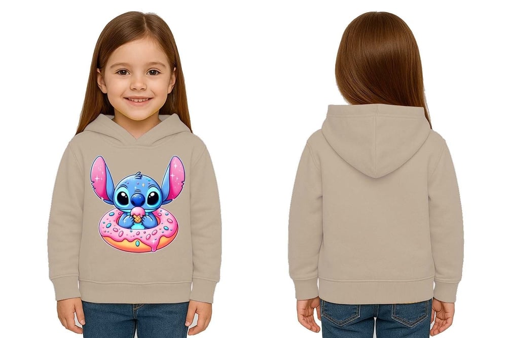 Unisex Stitch Baskılı Çocuk Swaetshirt Baskılı Kapüşonlu 3 İplik Şardonlu