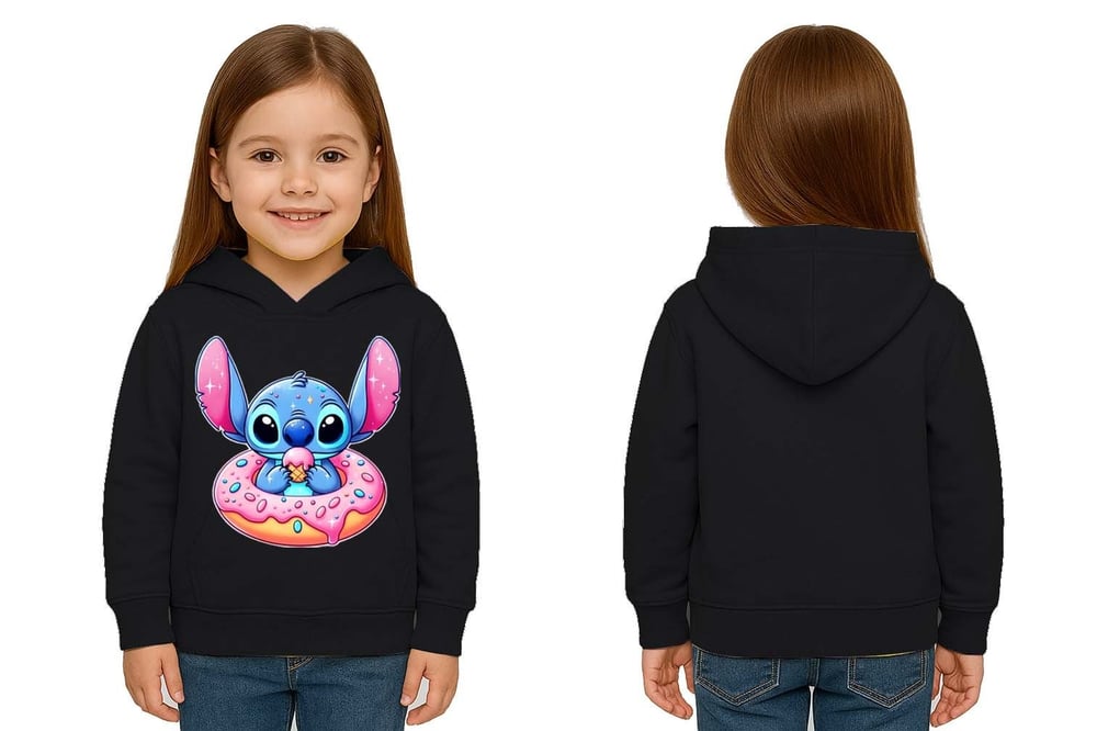 Unisex Stitch Baskılı Çocuk Swaetshirt Baskılı Kapüşonlu 3 İplik Şardonlu