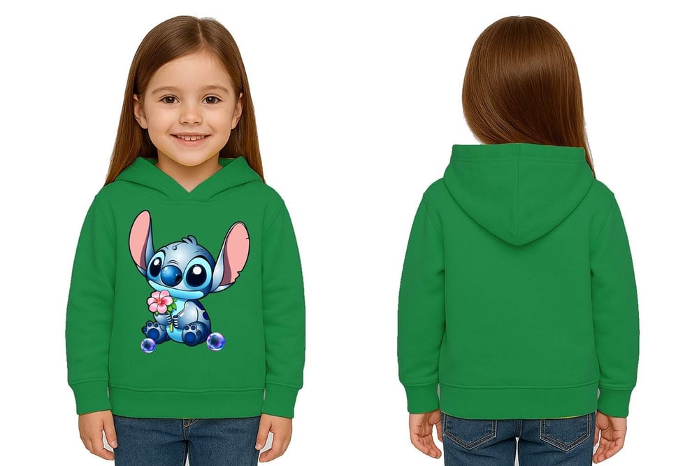 Unisex Stitch Baskılı Çocuk Swaetshirt Baskılı Kapüşonlu 3 İplik Şardonlu