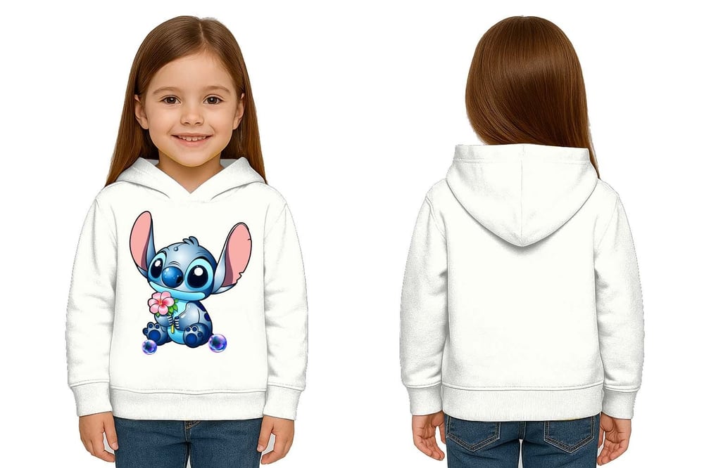 Unisex Stitch Baskılı Çocuk Swaetshirt Baskılı Kapüşonlu 3 İplik Şardonlu