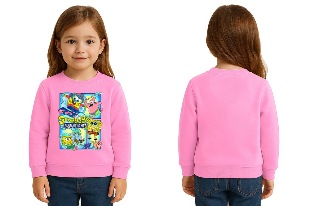 Unisex Sünger Bob Baskılı Çocuk Swaetshirt 3 İplik Şardonlu