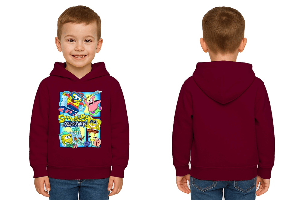 Unisex Sünger Bob Baskılı Çocuk Swaetshirt Kapşonlu 3 İplik Şardonlu