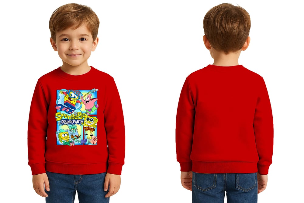 Unisex Sünger Bob Baskılı Çocuk Swaetshirt 3 İplik Şardonlu