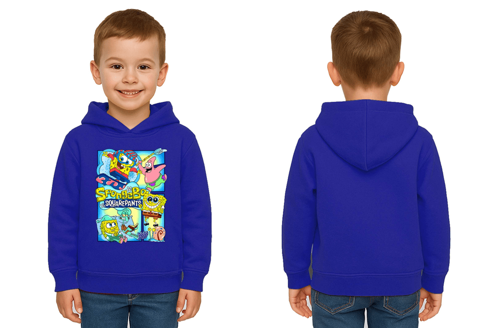 Unisex Sünger Bob Baskılı Çocuk Swaetshirt Kapşonlu 3 İplik Şardonlu