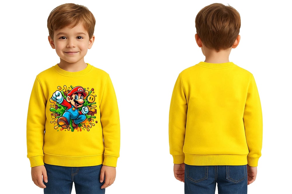 Unisex Super Marıo Baskılı Çocuk Swaetshirt 3 İplik Şardonlu