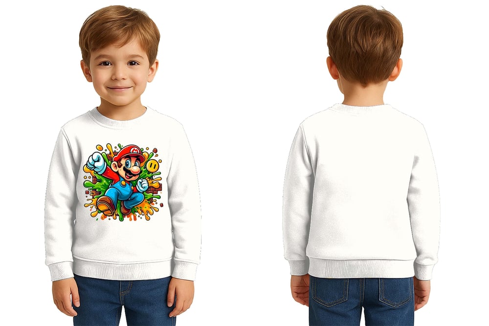 Unisex Super Marıo Baskılı Çocuk Swaetshirt 3 İplik Şardonlu