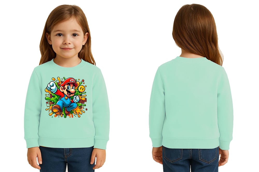 Unisex Super Marıo Baskılı Çocuk Swaetshirt 3 İplik Şardonlu