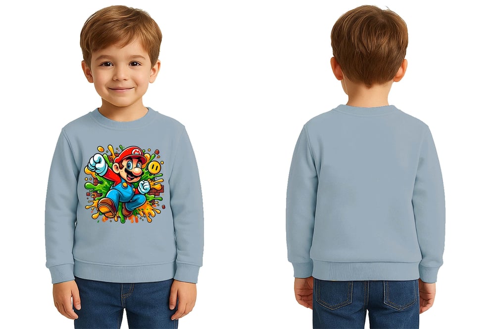 Unisex Super Marıo Baskılı Çocuk Swaetshirt 3 İplik Şardonlu