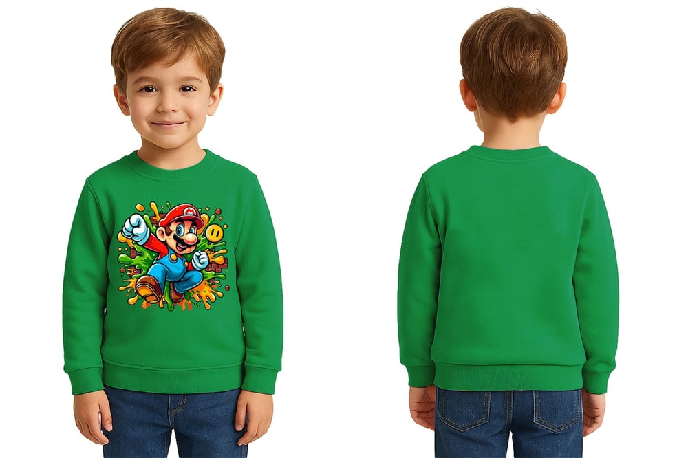 Unisex Super Marıo Baskılı Çocuk Swaetshirt 3 İplik Şardonlu