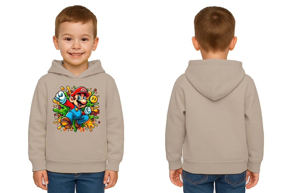 Unisex Super Marıo Baskılı Çocuk Swaetshirt Kapşonlu 3 İplik Şardonlu