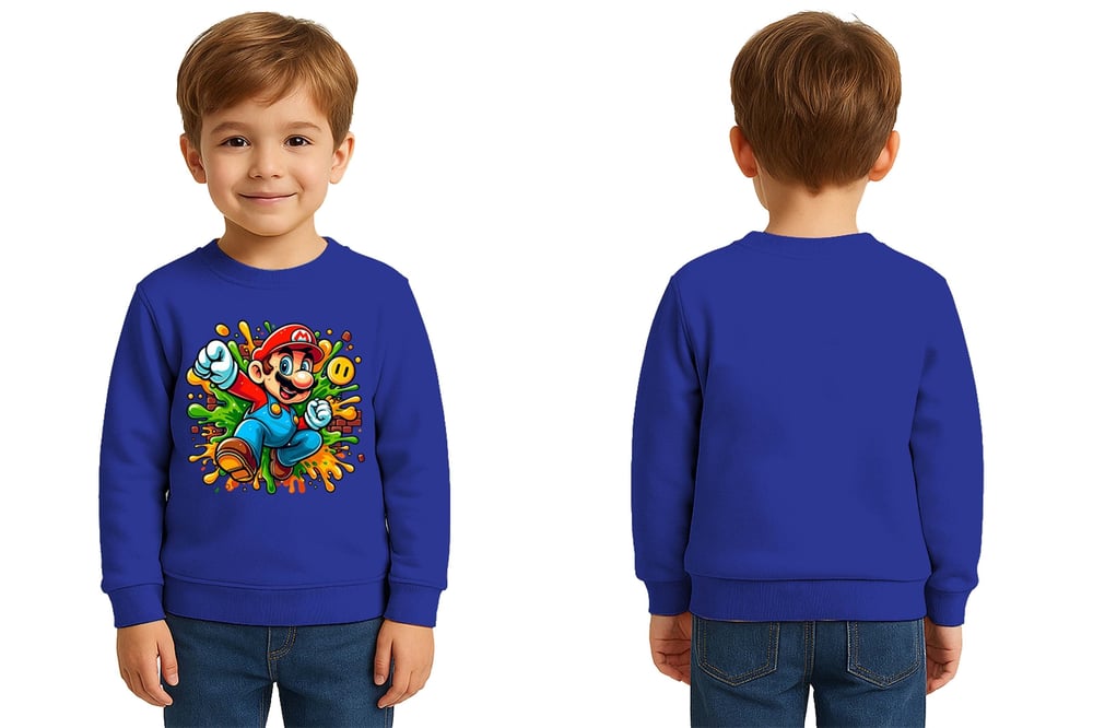 Unisex Super Marıo Baskılı Çocuk Swaetshirt 3 İplik Şardonlu