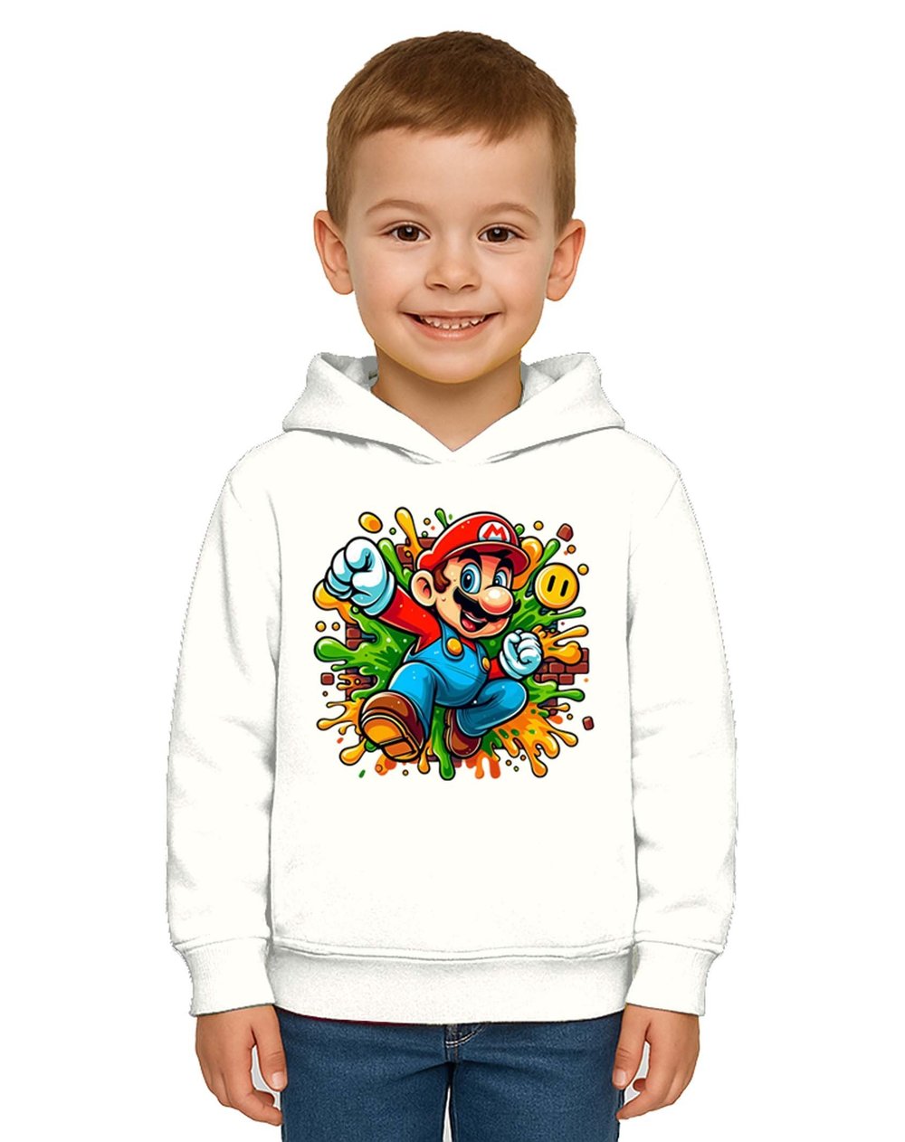 Unisex Super Marıo Baskılı Çocuk Swaetshirt Kapşonlu 3 İplik Şardonlu