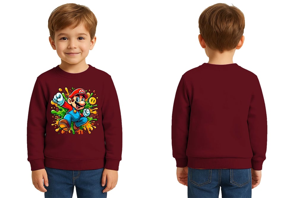 Unisex Super Marıo Baskılı Çocuk Swaetshirt 3 İplik Şardonlu