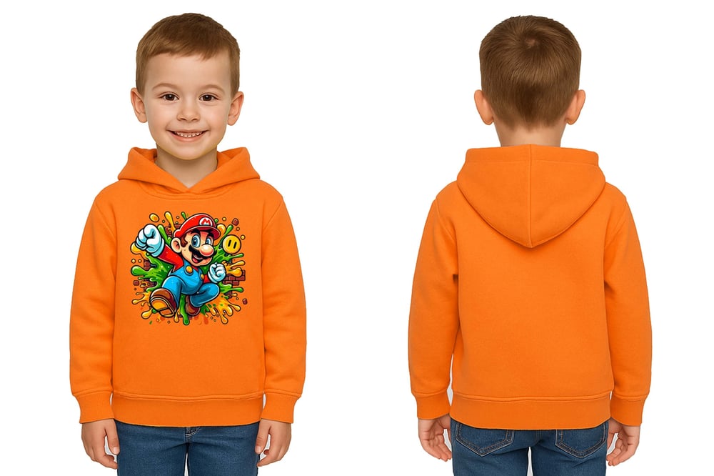 Unisex Super Marıo Baskılı Çocuk Swaetshirt Kapşonlu 3 İplik Şardonlu
