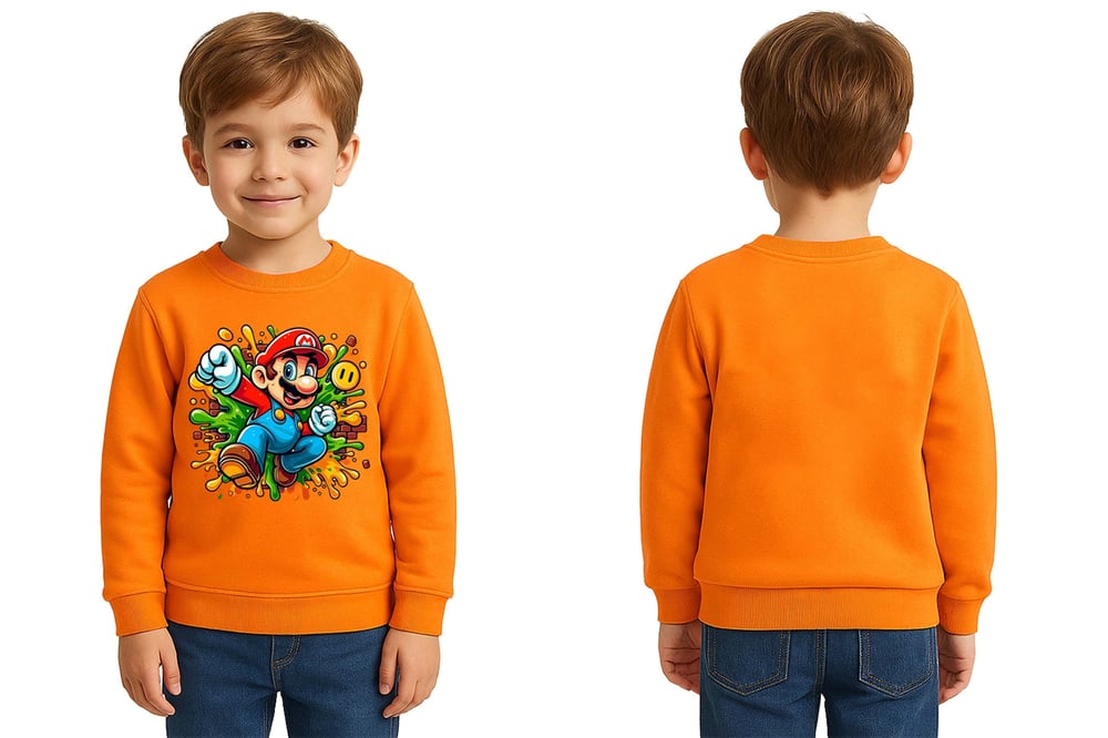 Unisex Super Marıo Baskılı Çocuk Swaetshirt 3 İplik Şardonlu