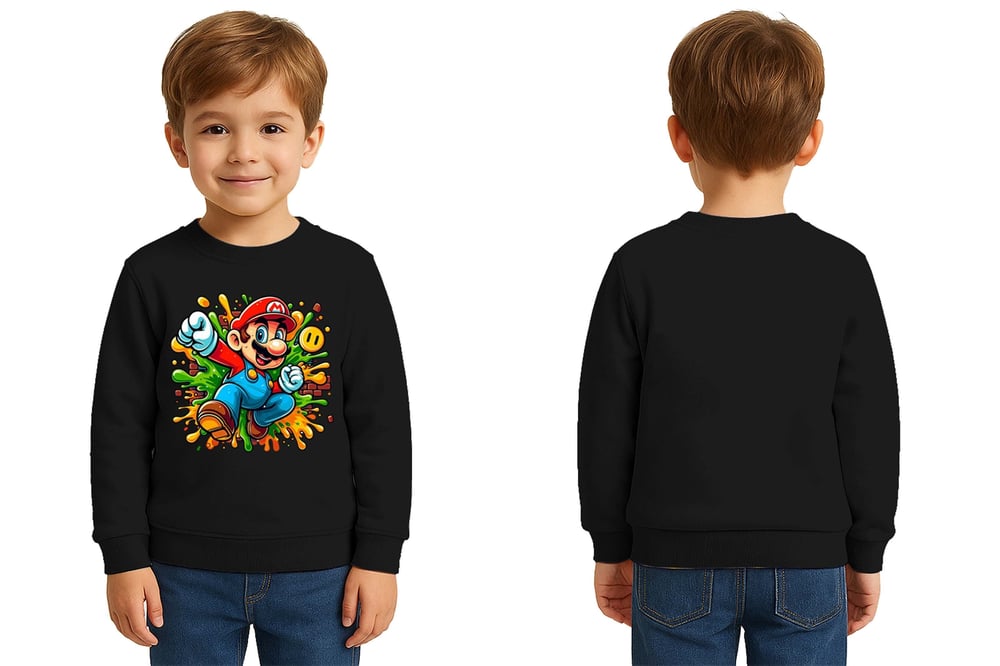 Unisex Super Marıo Baskılı Çocuk Swaetshirt 3 İplik Şardonlu
