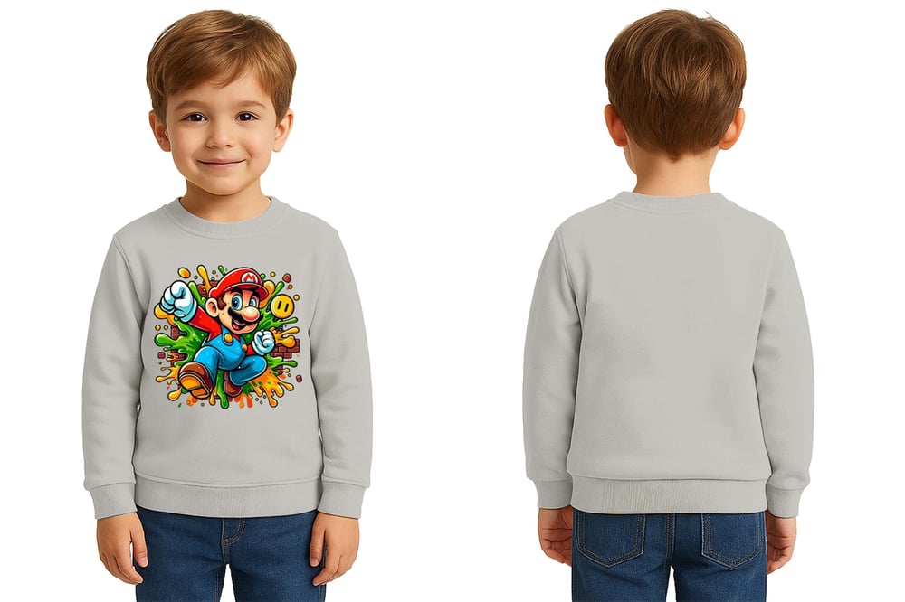 Unisex Super Marıo Baskılı Çocuk Swaetshirt 3 İplik Şardonlu