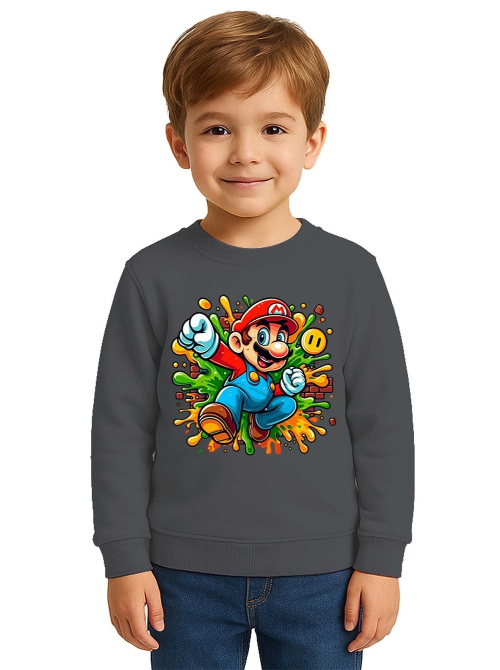 Unisex Super Marıo Baskılı Çocuk Swaetshirt 3 İplik Şardonlu