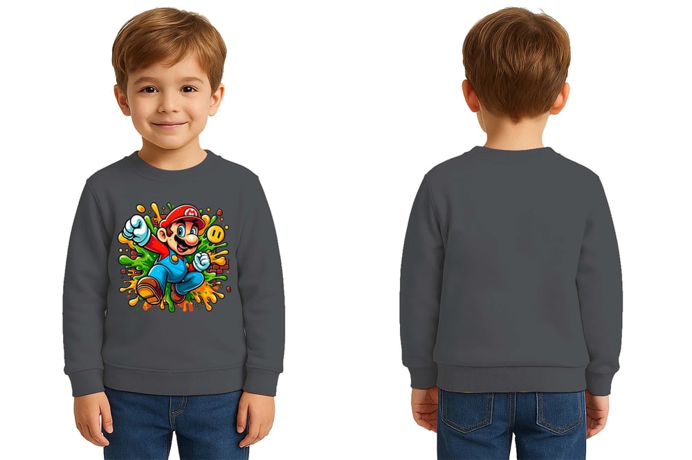 Unisex Super Marıo Baskılı Çocuk Swaetshirt 3 İplik Şardonlu