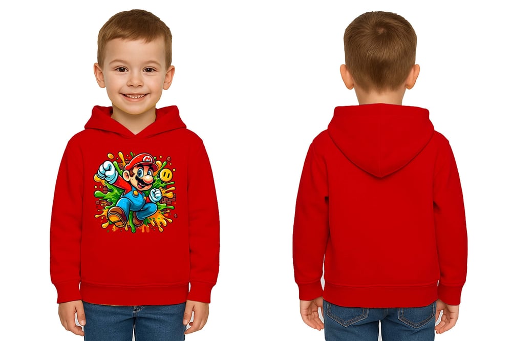Unisex Super Marıo Baskılı Çocuk Swaetshirt Kapşonlu 3 İplik Şardonlu