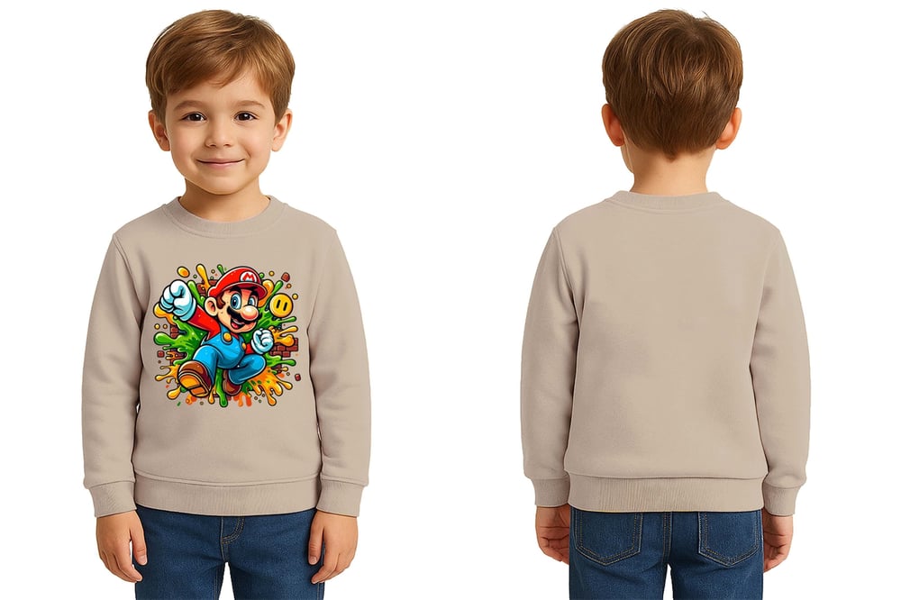 Unisex Super Marıo Baskılı Çocuk Swaetshirt 3 İplik Şardonlu