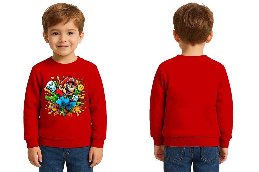 Unisex Super Marıo Baskılı Çocuk Swaetshirt 3 İplik Şardonlu