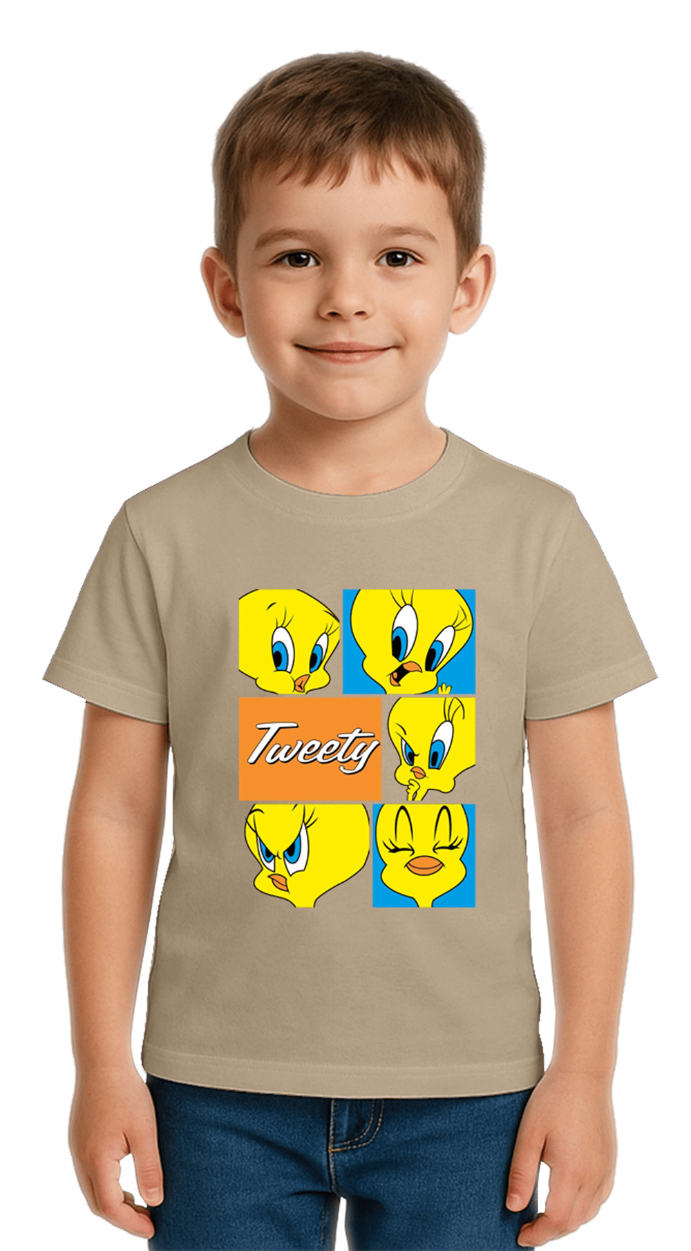 Unisex Tweety Baskılı Çocuk Tişört pamuklu penye kumaş