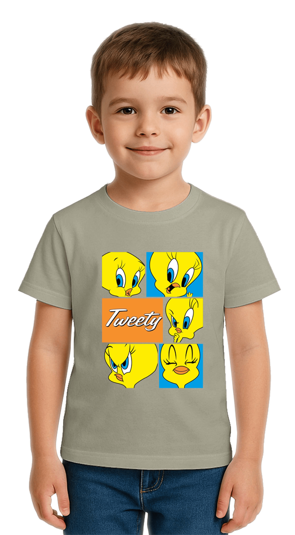 Unisex Tweety Baskılı Çocuk Tişört pamuklu penye kumaş