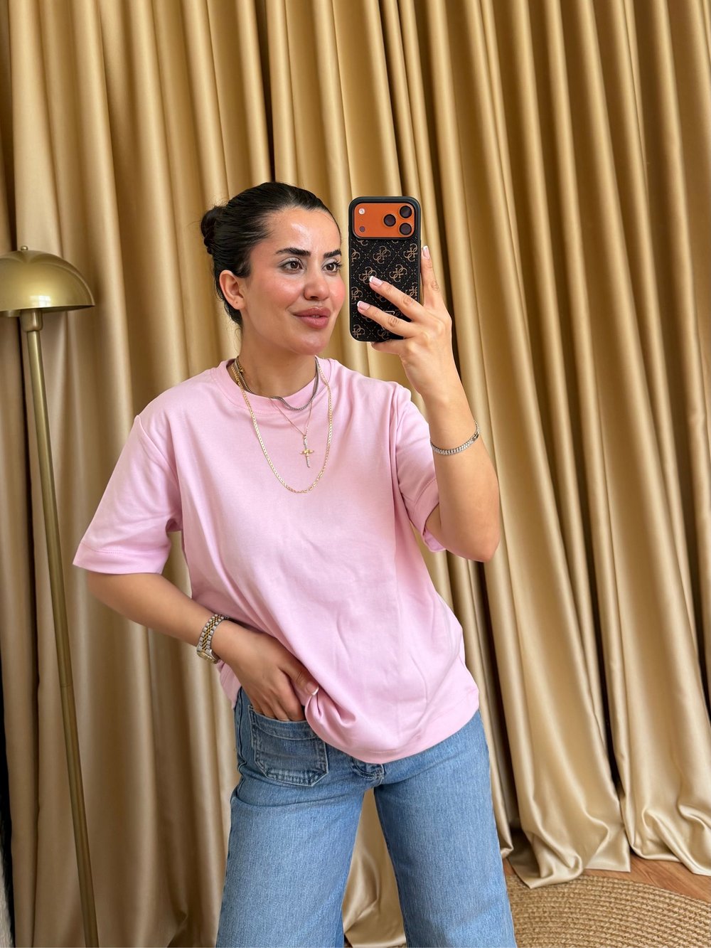 Basic Pamuklu Oversize Tişört - Pembe