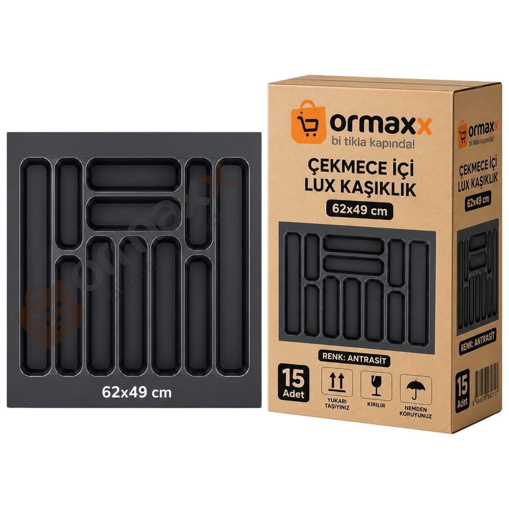 Çekmece İçi Lüks Plastik Kaşıklık 62*49 cm Antrasit - 15'li Koli {11 Göz En:550 mm Derinlik:400 mm Kesilebilir}