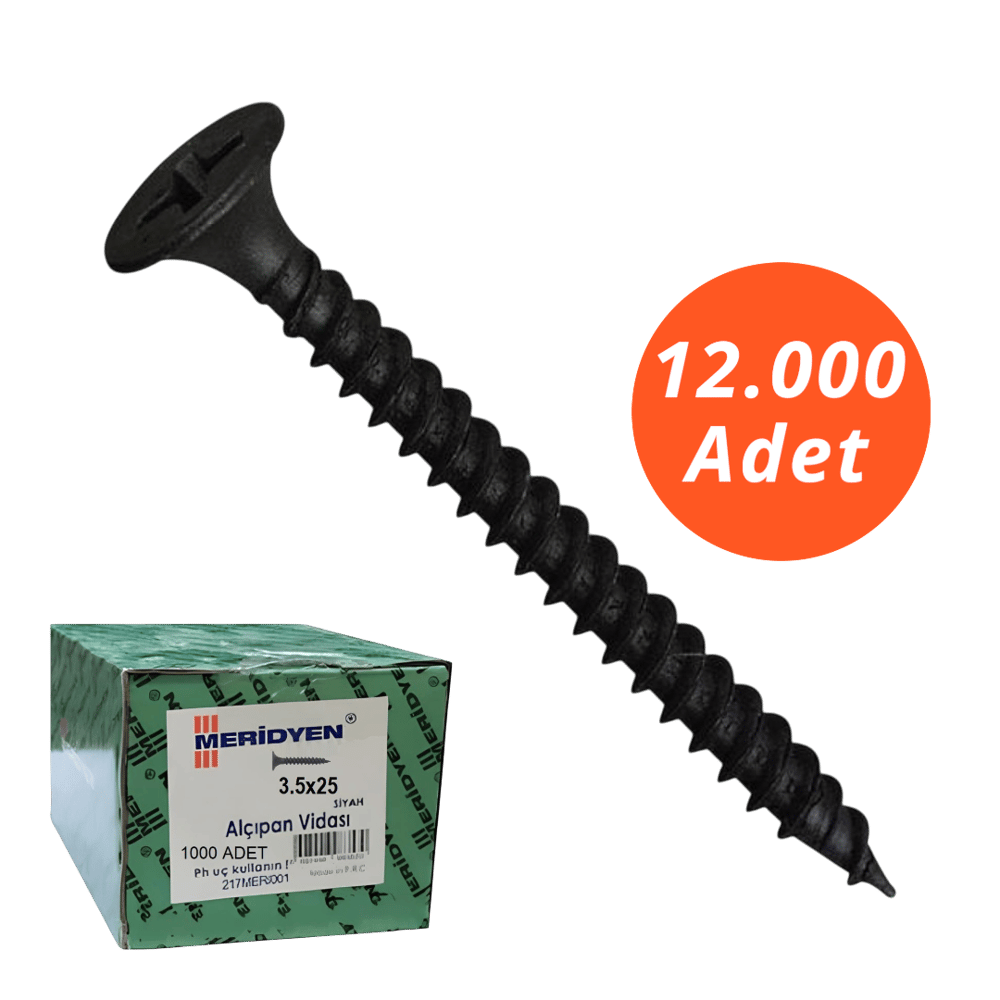 Meridyen Alçıpan Vidası 3,5*25 Sivri Uçlu 12.000 Adet - PH 2 Bits Uç ile Kullanılır
