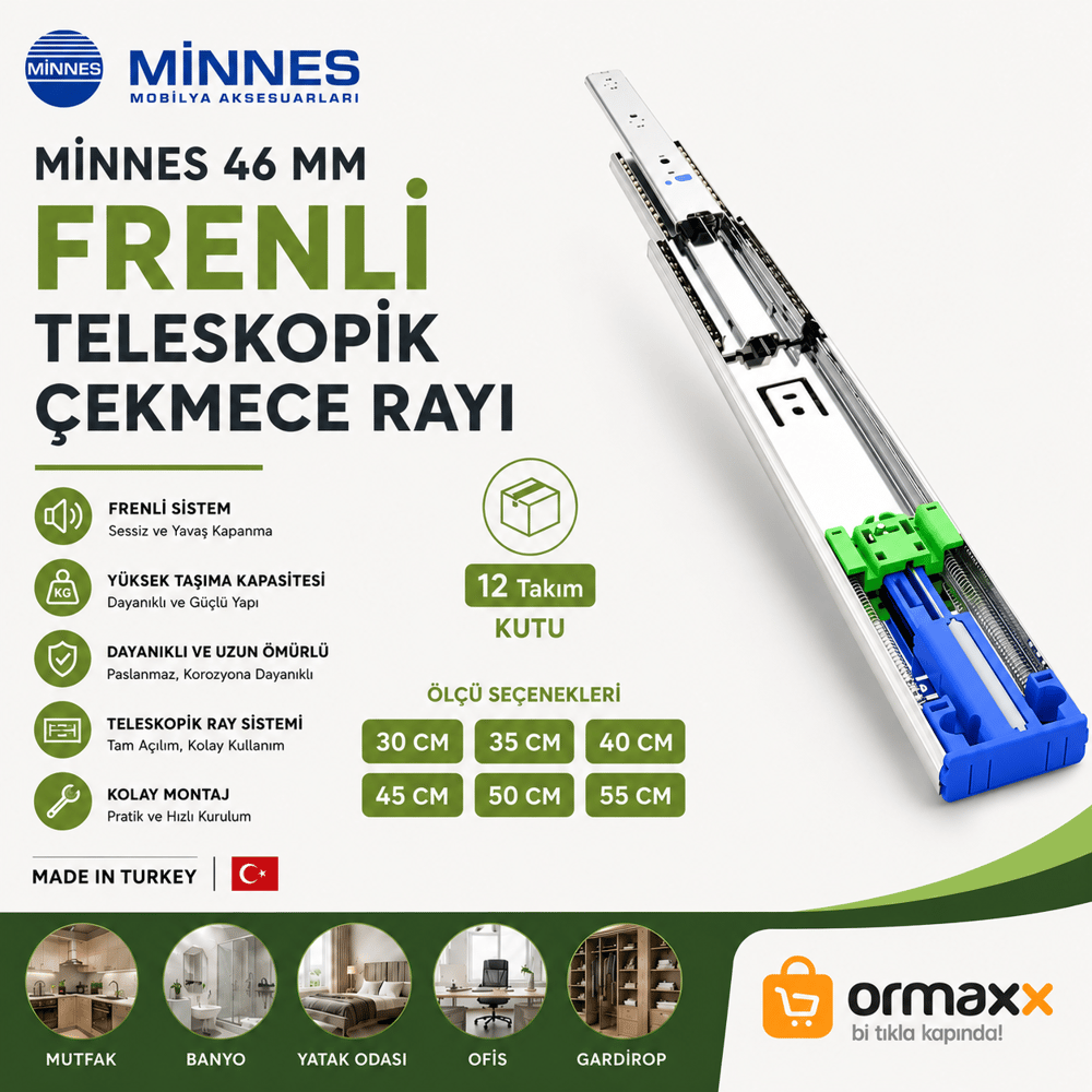 Minnes Frenli Teleskopik Çekmece Rayı 46*400 mm