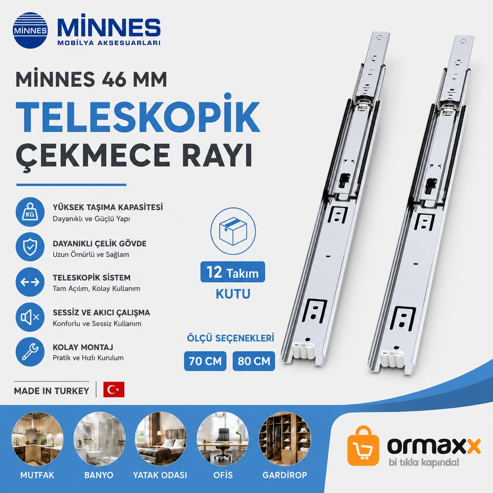 Minnes Teleskopik Çekmece Rayı 46*800 mm