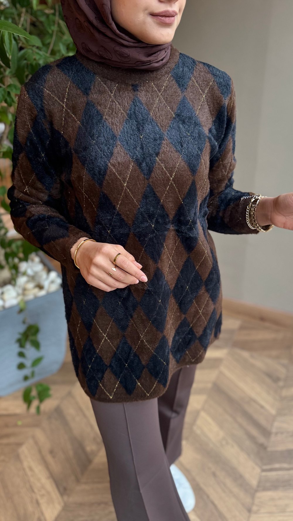 Angora Baklava Desen Kazak | Kahverengi