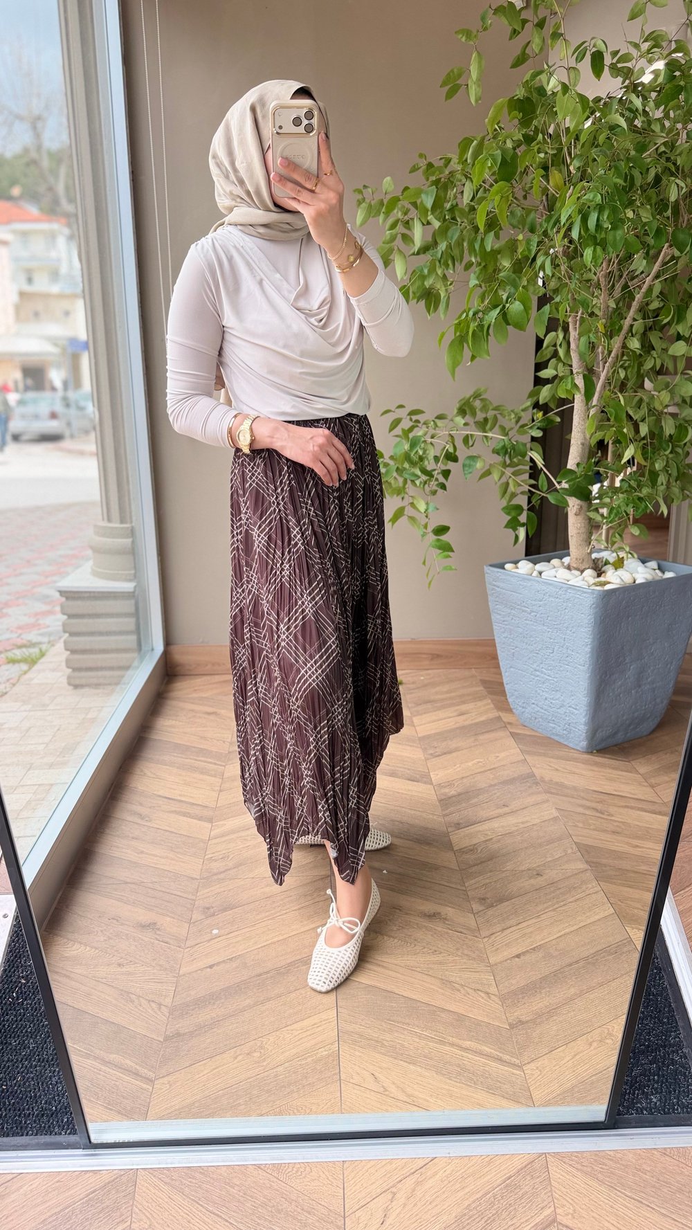 Desenli Piliseli Etek | Kahverengi