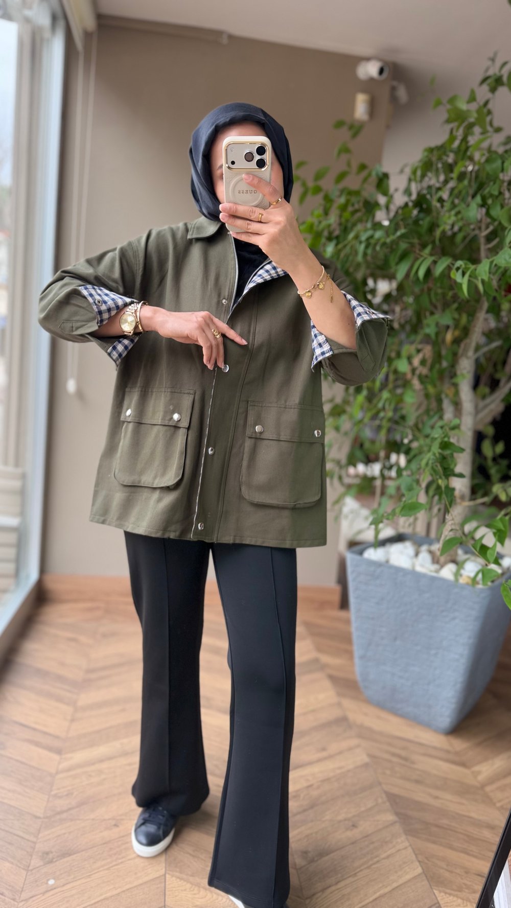 Ekose Detaylı Gabardin Ceket | 